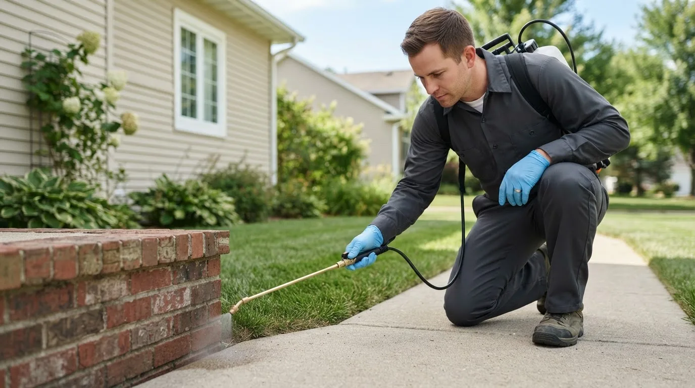 Pest control technician treating a home near Southard, OK